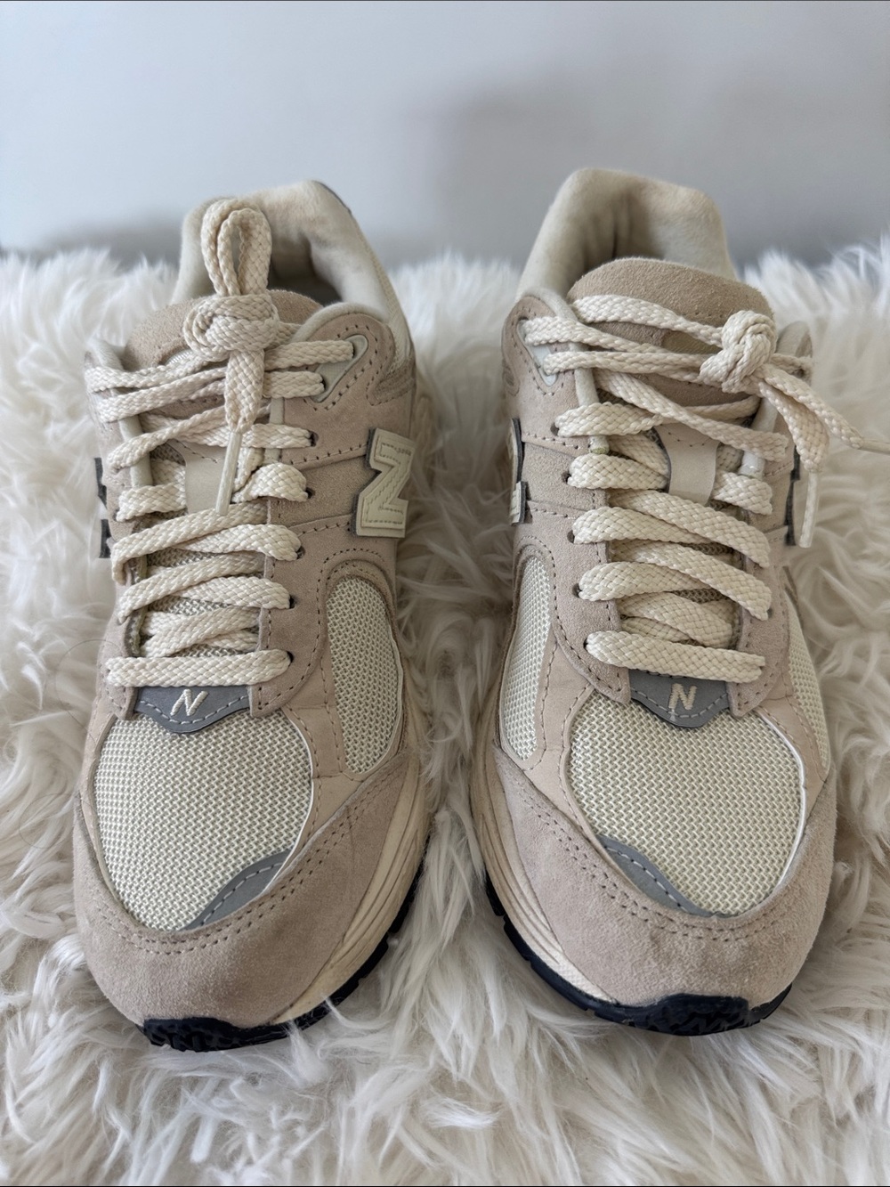 New Balance Cream and Tan Suede Mesh Sneakers